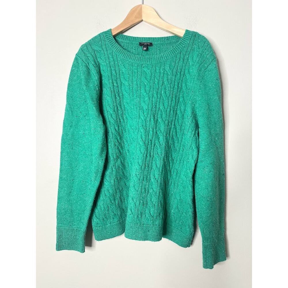 Talbots Womens Preppy Green Cable Knit Fisherman Pullover Sweater Size XL Petite